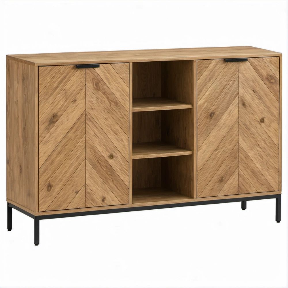 Credenza in rovere naturale con ante a spina di pesce e struttura nera, 120 x 40 x 90 cm