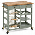 Carrello da cucina verde salvia 110 x 50 x 90 cm con piano in legno, 2 cassetti, 3 cestelli estraibili e ruote