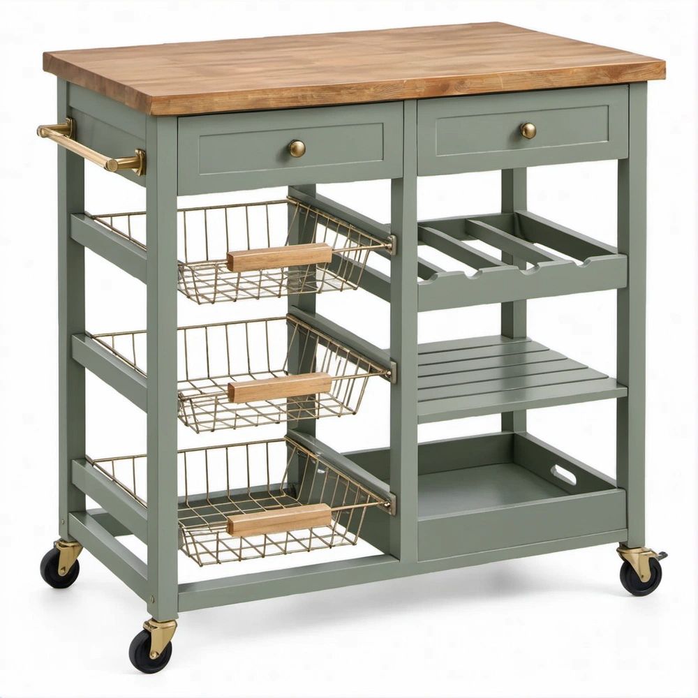 Carrello da cucina verde salvia 110 x 50 x 90 cm con piano in legno, 2 cassetti, 3 cestelli estraibili e ruote