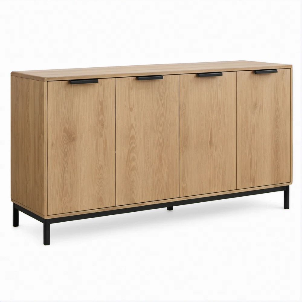 Credenza rettangolare a 4 ante in rovere chiaro e nero, 160 x 40 x 90 cm