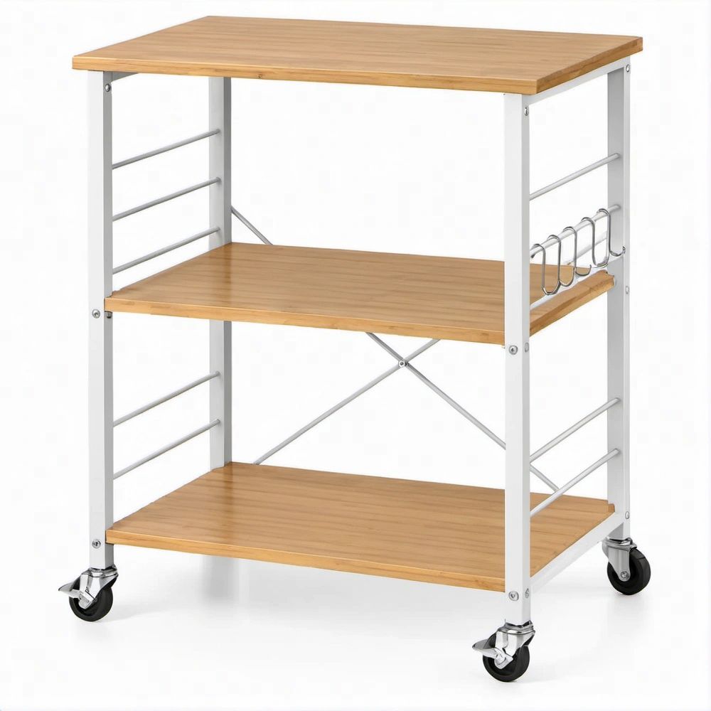 Carrello da cucina in bambù e acciaio bianco 60 x 40 x 85 cm con 3 ripiani, portabottiglie e ruote