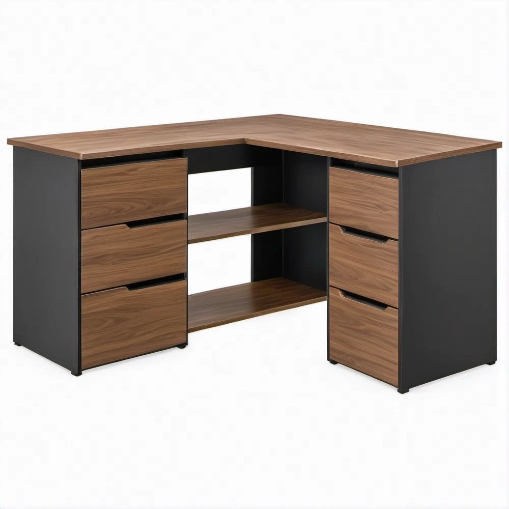 Scrivania angolare a L con 6 cassetti e ripiani, effetto noce e nero, 140 x 120 x 75 cm