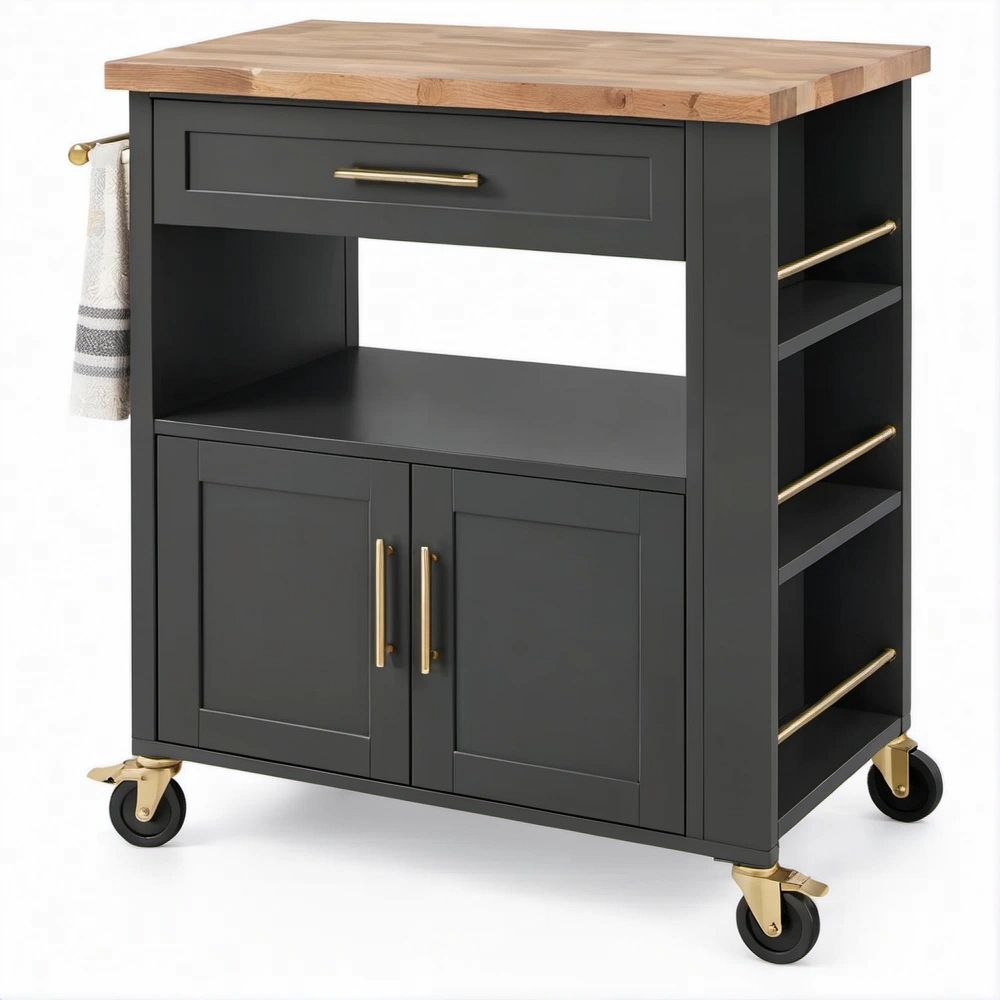 Carrello da cucina nero con piano in legno naturale, 110 x 46 x 91 cm