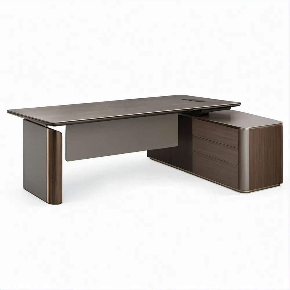 Scrivania direzionale angolare a L in MDF impiallacciato noce, 220 x 180 x 75 cm, marrone noce e grigio scuro