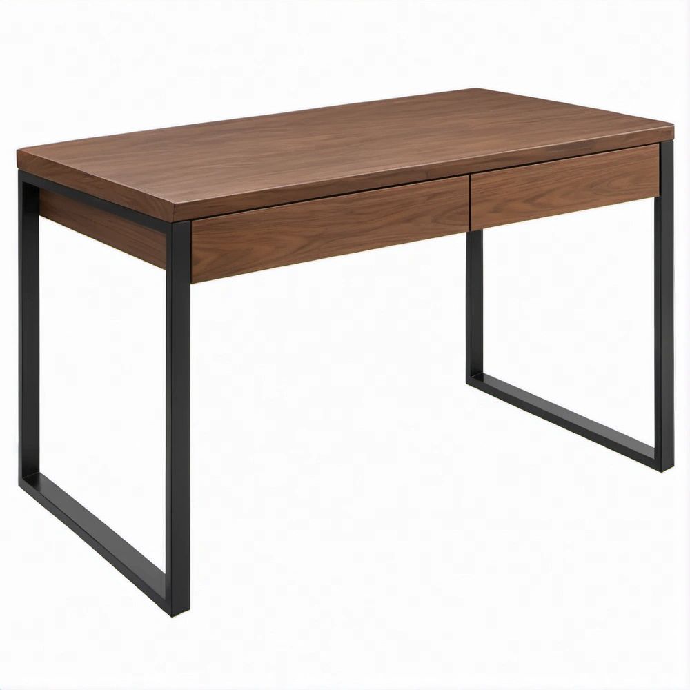 Scrivania rettangolare in MDF effetto noce e acciaio nero, 120 x 60 x 75 cm, con 2 cassetti