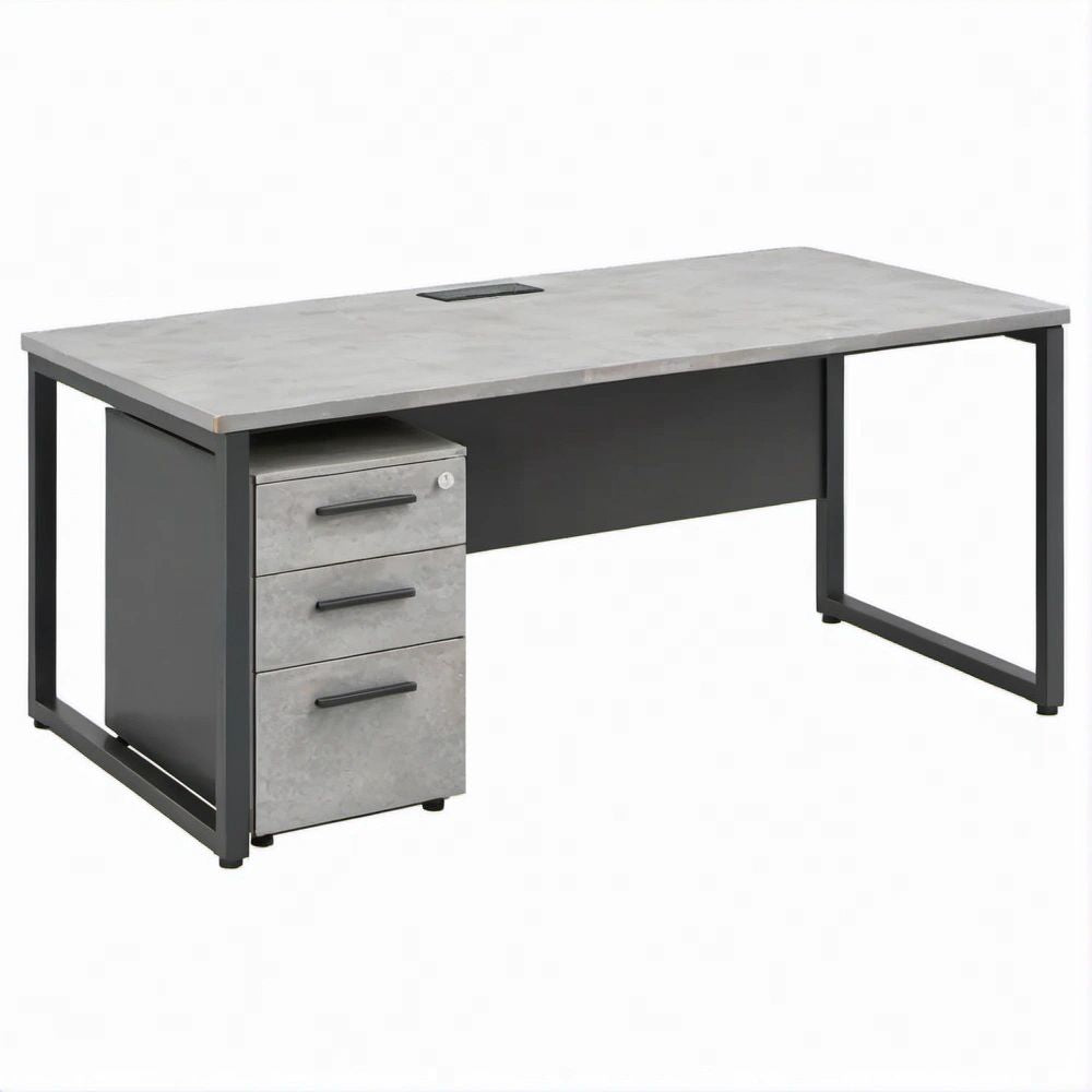 Scrivania rettangolare con cassettiera 3 cassetti, grigio cemento e nero, 140 x 60 x 75 cm