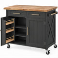 Carrello da cucina nero con piano in legno di gomma, rotelle e maniglie color ottone, 112 x 46 x 91 cm