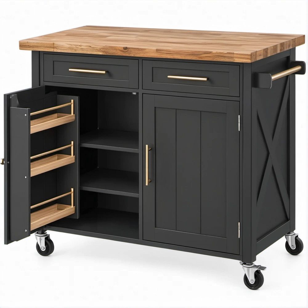 Carrello da cucina nero con piano in legno di gomma, rotelle e maniglie color ottone, 112 x 46 x 91 cm