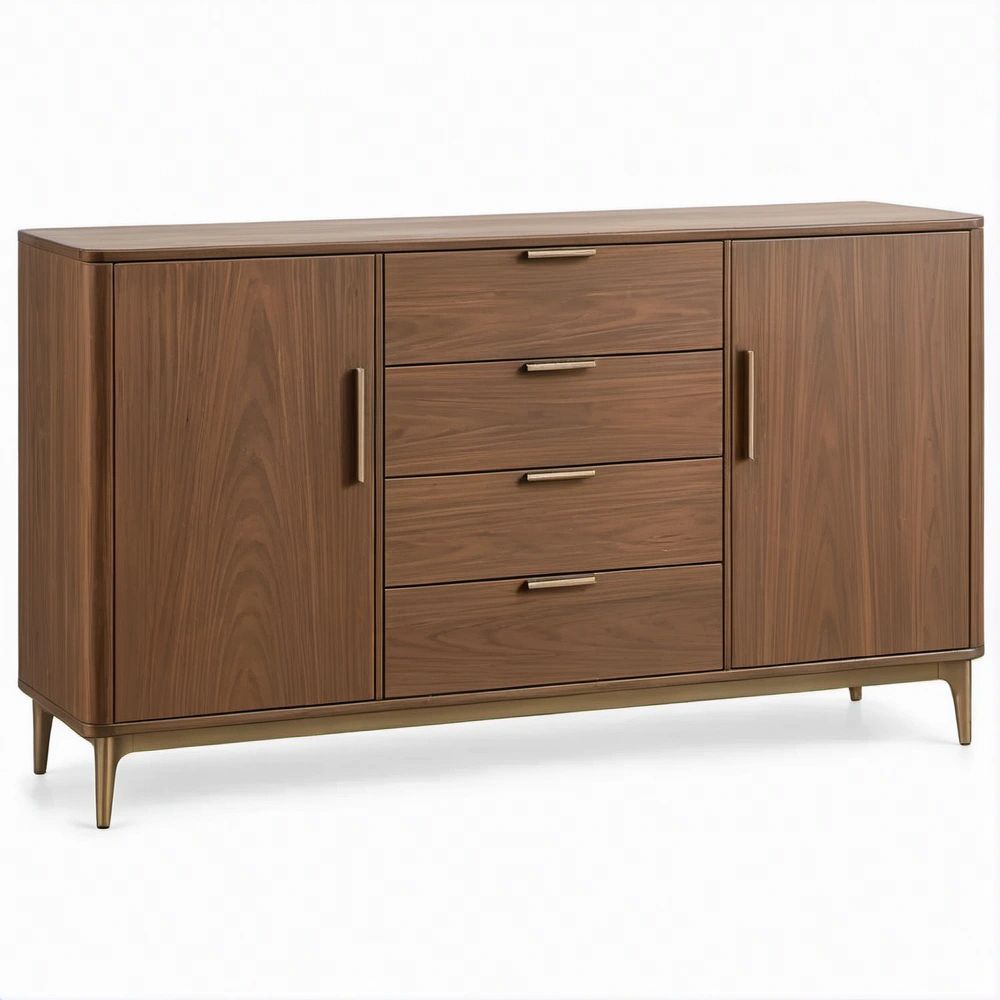 Credenza moderna in noce con 2 ante e 4 cassetti, 160 x 45 x 90 cm
