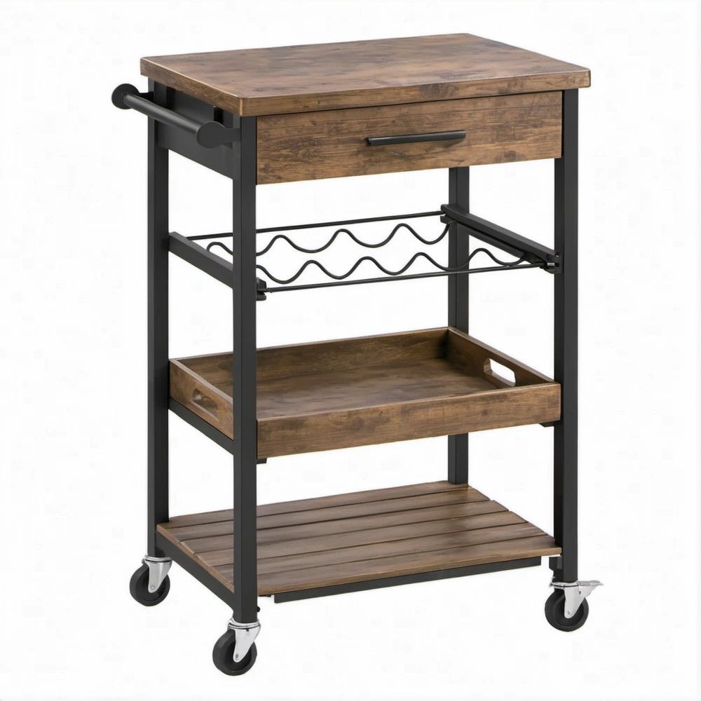 Carrello da cucina in MDF e acciaio marrone rustico e nero, 67 x 45 x 91 cm