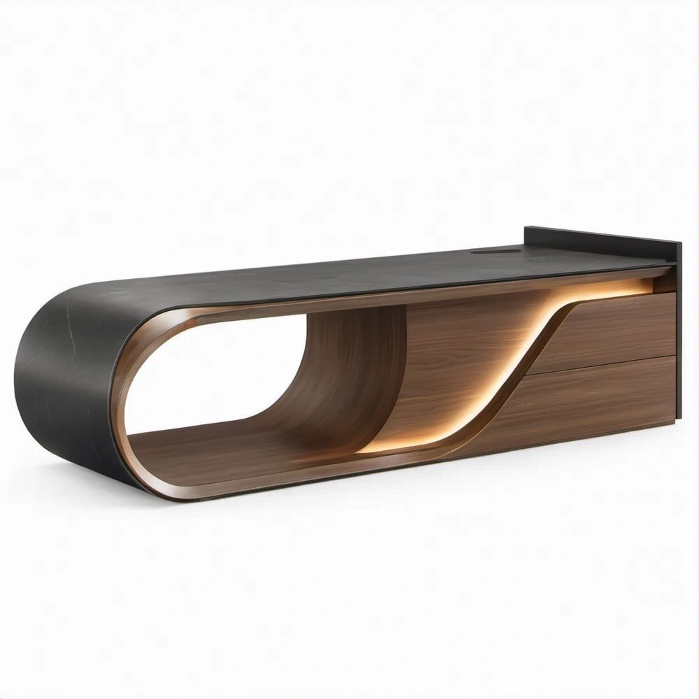 Scrivania direzionale curva con LED integrato Nero e Noce, 220 x 90 x 75 cm