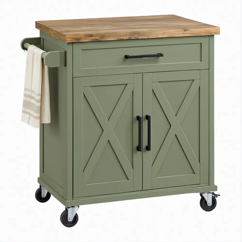 Carrello da cucina verde salvia con piano in legno naturale, cassetto, ante e rotelle 107 x 46 x 91 cm