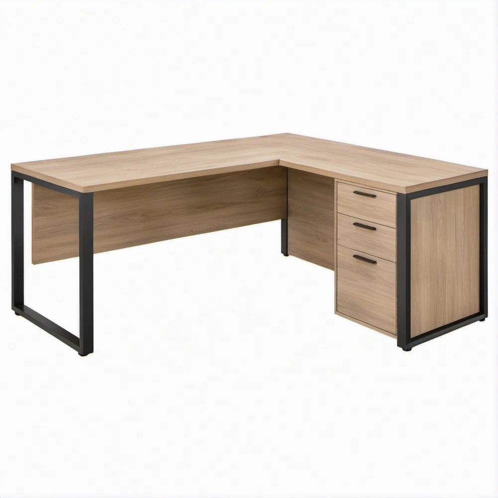 Scrivania angolare a L 160 x 120 x 75 cm con cassettiera, Rovere Chiaro/Nero
