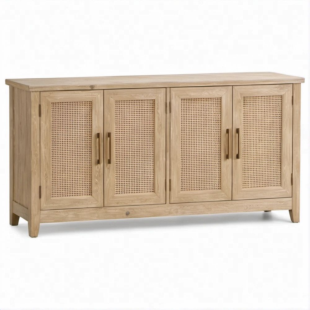 Credenza a 4 ante in legno massello di mango e rattan naturale, 160 x 40 x 85 cm