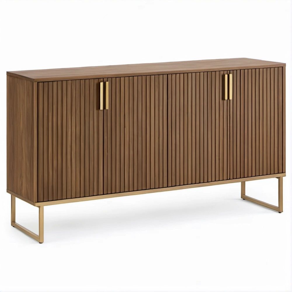 Credenza rettangolare color noce con ante scanalate e dettagli dorati, 120 x 40 x 75 cm
