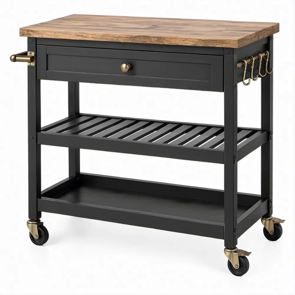 Carrello da cucina nero con piano in legno effetto noce 112 x 52 x 91 cm