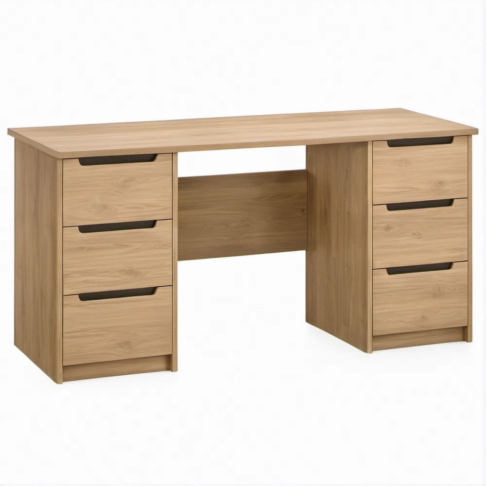 Scrivania rettangolare effetto rovere con 6 cassetti, 140 x 60 x 75 cm