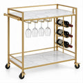 Carrello bar dorato con ripiani effetto marmo, portabottiglie e portacalici 80 x 40 x 85 cm