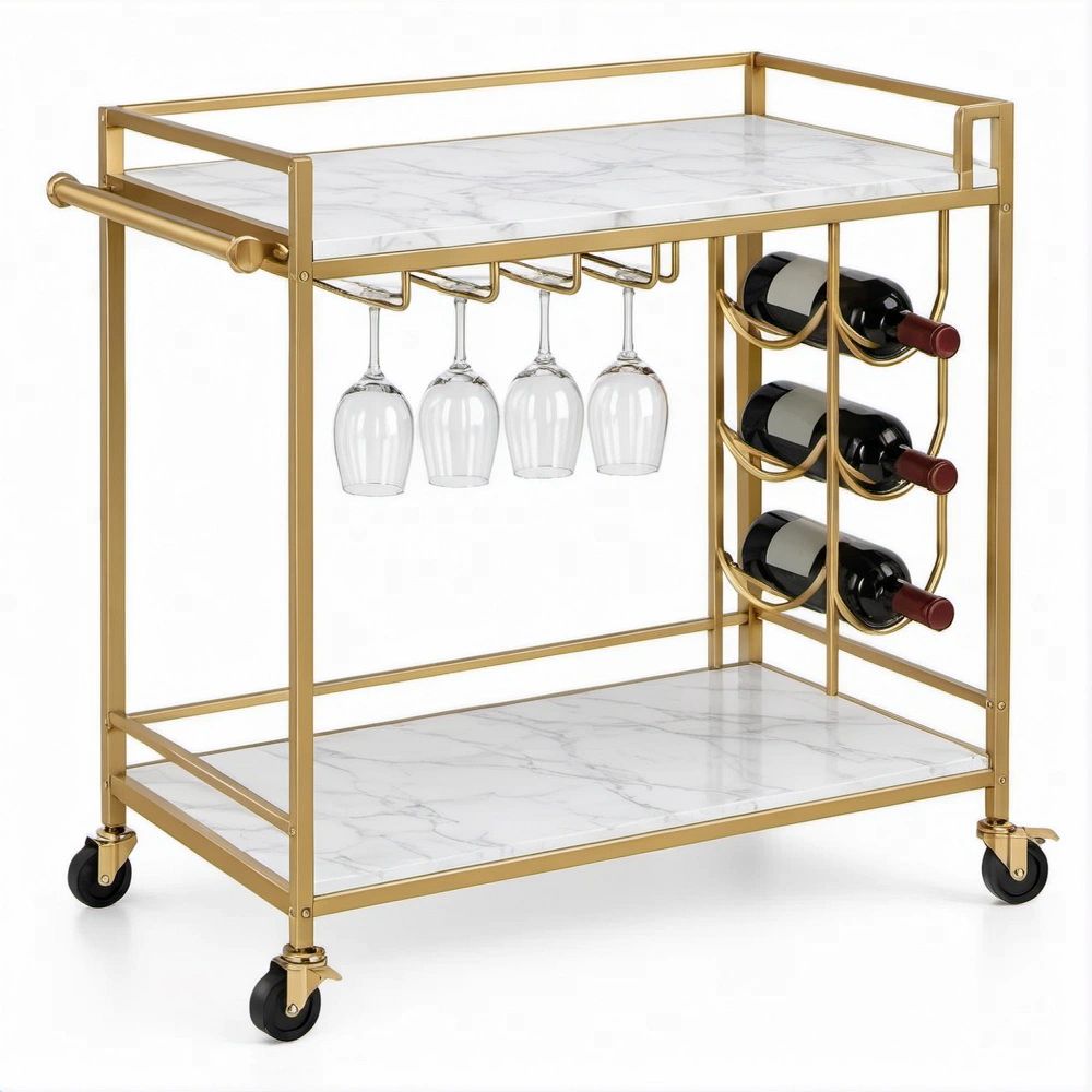 Carrello bar dorato con ripiani effetto marmo, portabottiglie e portacalici 80 x 40 x 85 cm