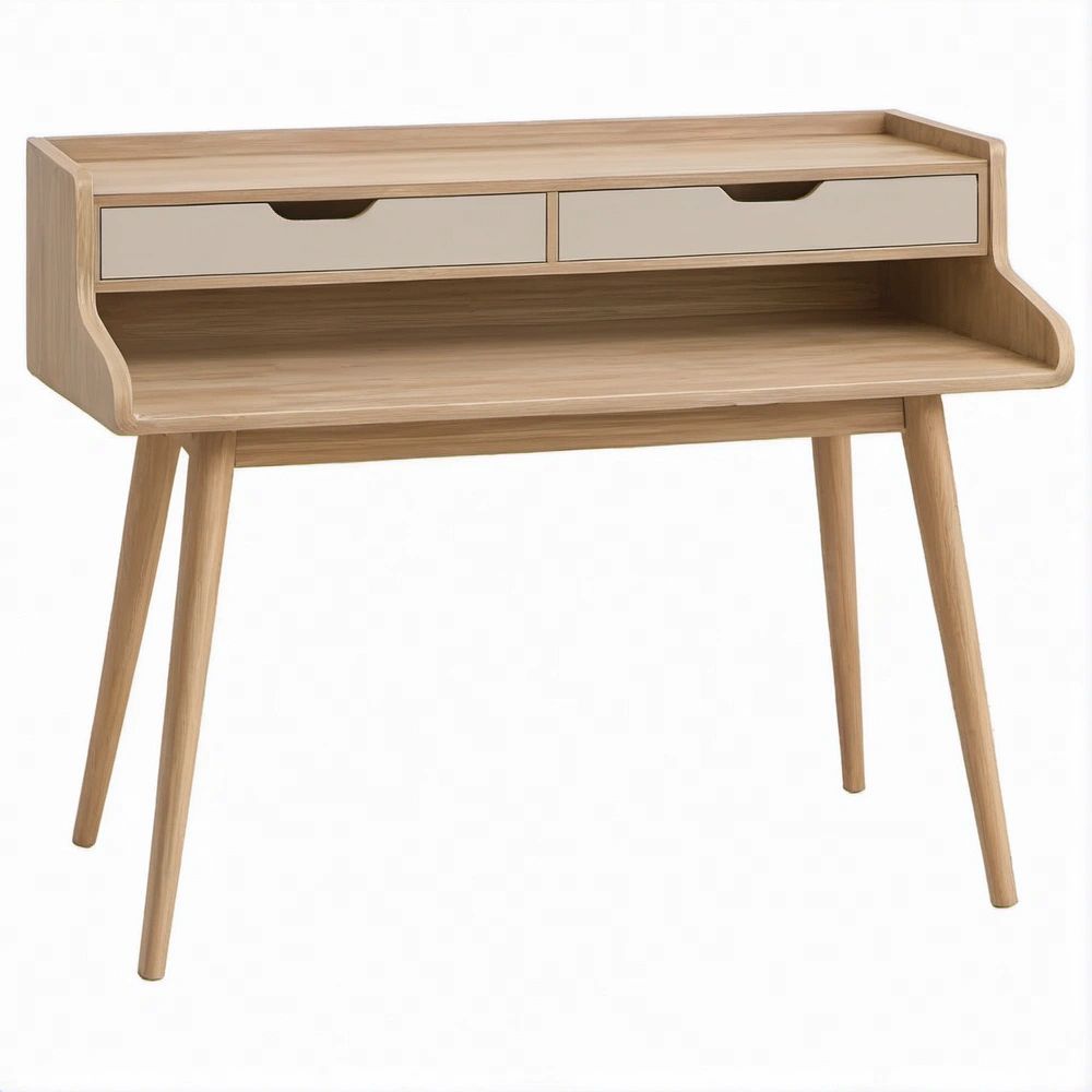Scrivania scandinava con 2 cassetti, rovere naturale e beige, 100 x 50 x 95 cm
