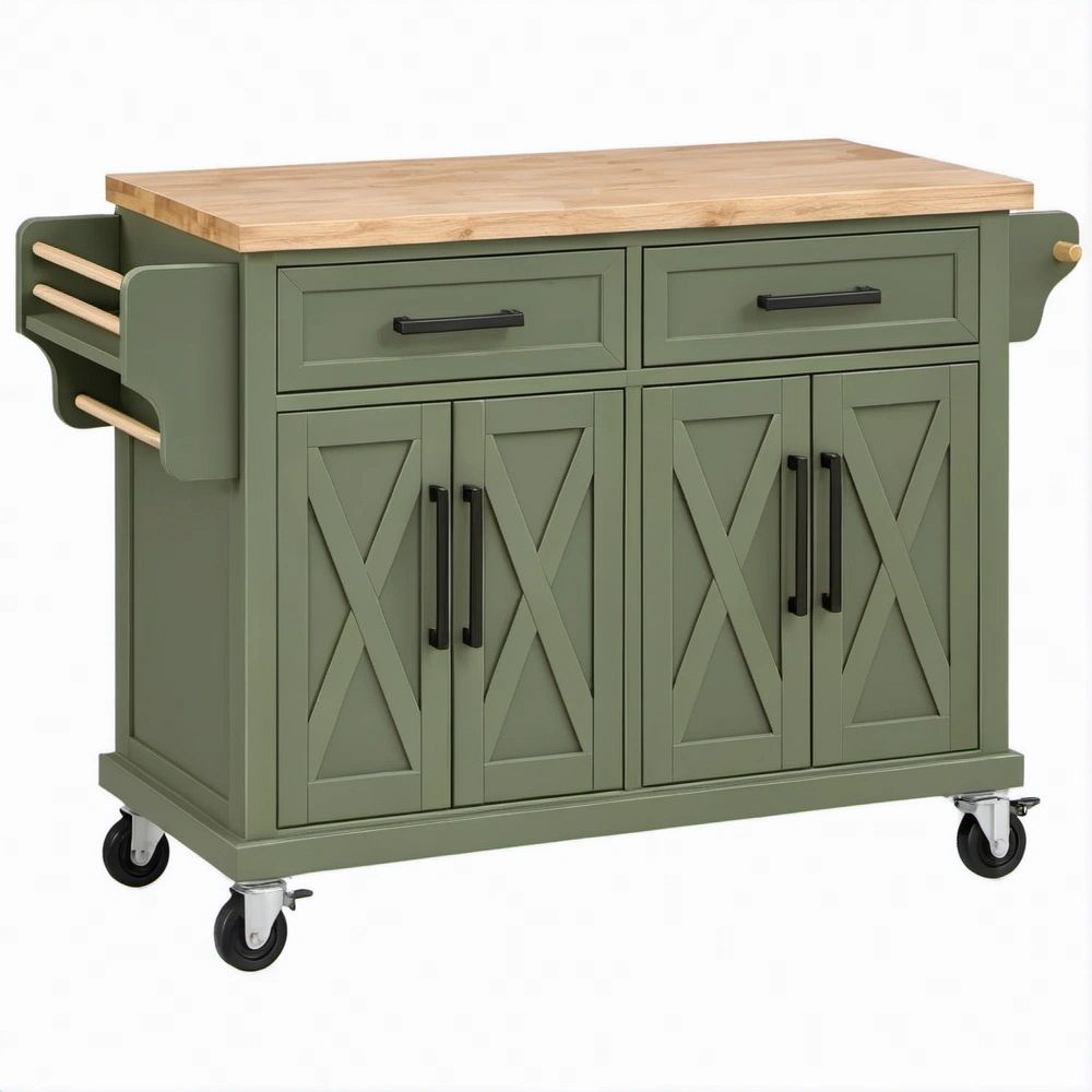 Carrello da cucina verde oliva con piano in legno naturale, 130 x 66 x 92 cm
