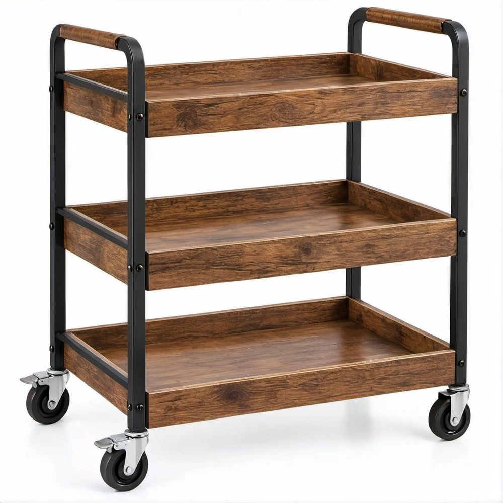 Carrello di servizio a 3 ripiani in MDF effetto legno marrone e acciaio nero, 85 x 45 x 91 cm