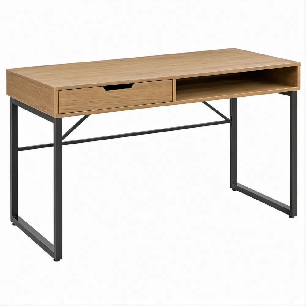 Scrivania rettangolare in rovere naturale e nero con cassetto e vano a giorno, 120 x 60 x 75 cm