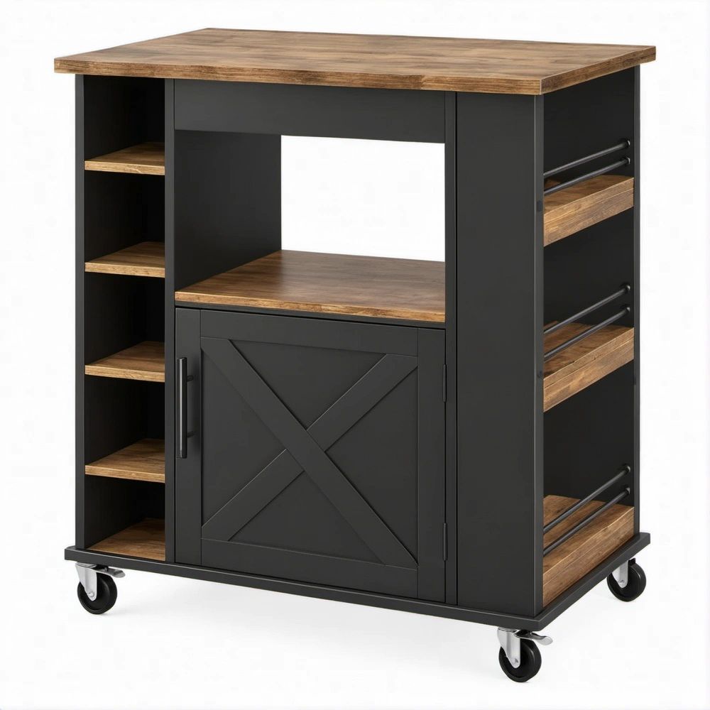Carrello da cucina con ruote Nero/Marrone effetto rovere, 110 x 50 x 92 cm, con ripiani, anta e cestelli laterali