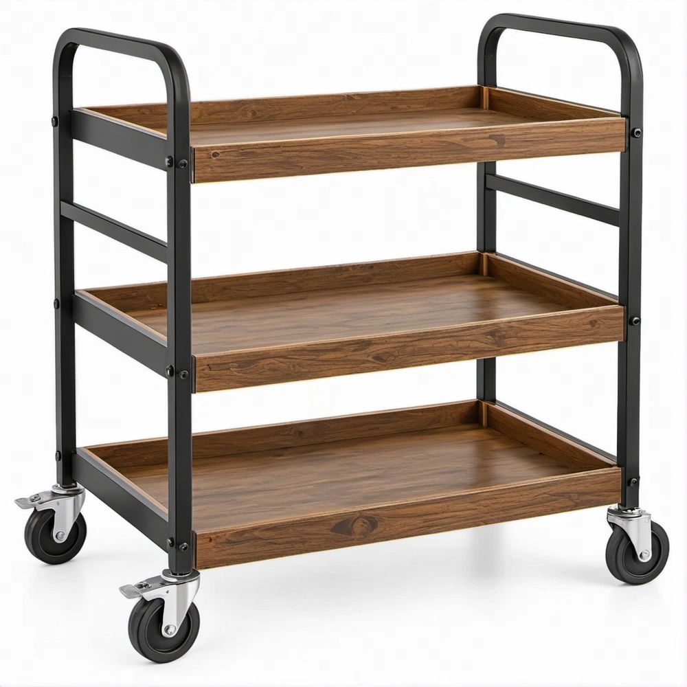 Carrello portavivande a 3 ripiani in MDF effetto noce e acciaio nero, 85 x 45 x 95 cm