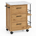 Carrello da cucina in rovere naturale con piano effetto marmo, 3 cassetti e ruote, 85 x 45 x 90 cm